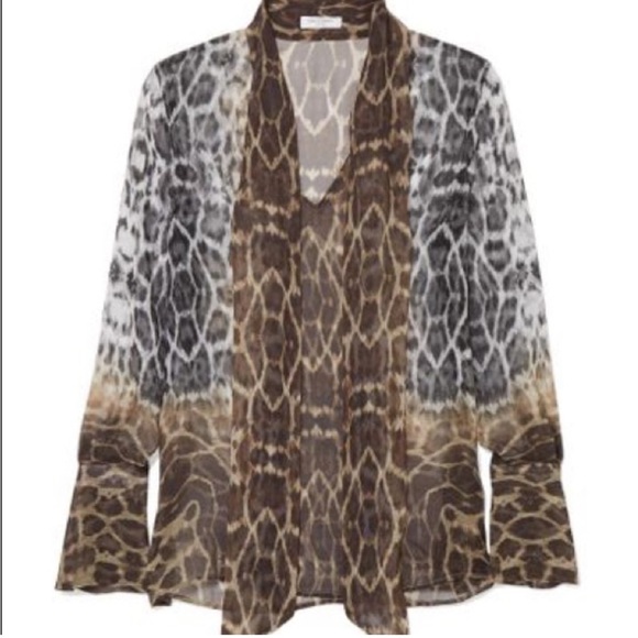 Equipment Animal Print Sheer Silk Blouse with Neck Tie Black, Gray, Tan, Small - Picture 2 of 3